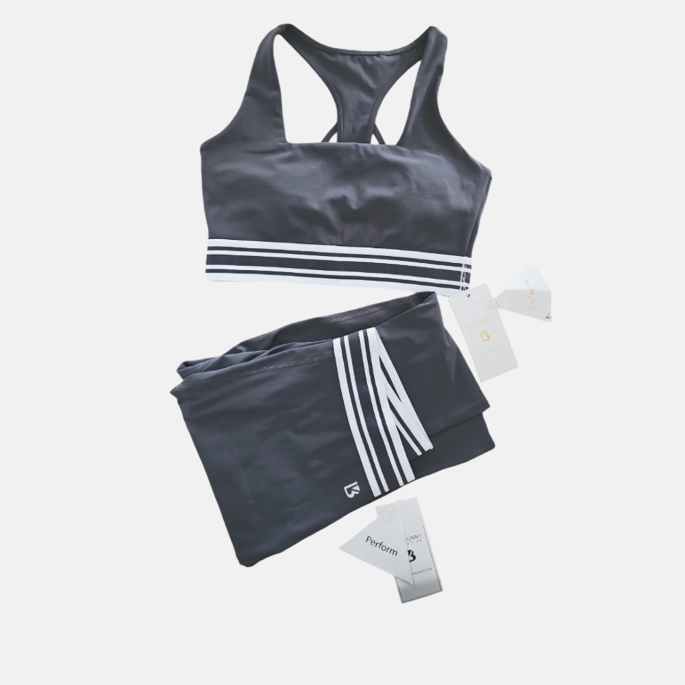 Buffbunny COORD Set Leggings & Bra Grey Stripe Medium Perform Fabric